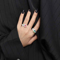 Fading Emerald Gear Sterling Silver Adjustable Ring