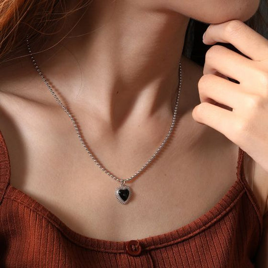 Black Agate Heart Necklace, 925 Sterling Silver