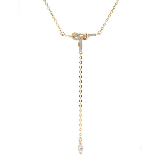 Cubic Zirconia Bowknot Tassel Sterling Silver Necklace