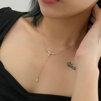 Cubic Zirconia Bowknot Tassel Sterling Silver Necklace