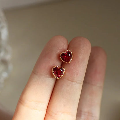 Sterling Silver Red Heart Crystal Stud Earrings
