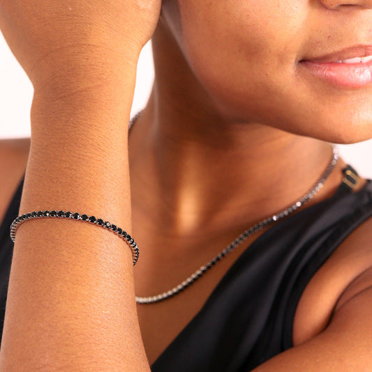 Stainless Steel Jet Rhinestone Tennis Bracelet