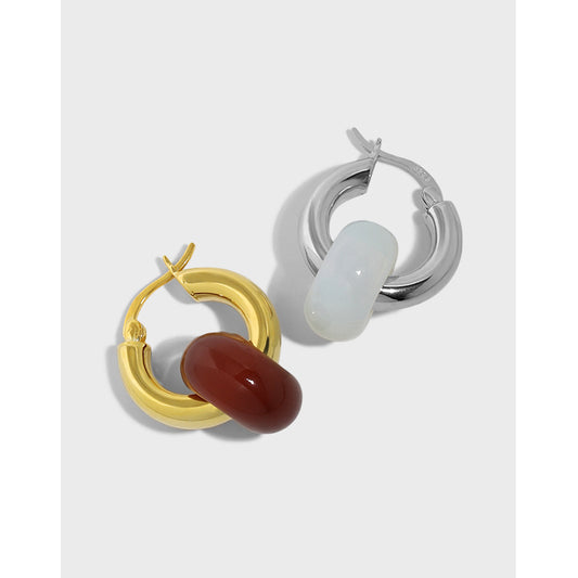 Natural Stone Circle Earrings in Sterling Silver