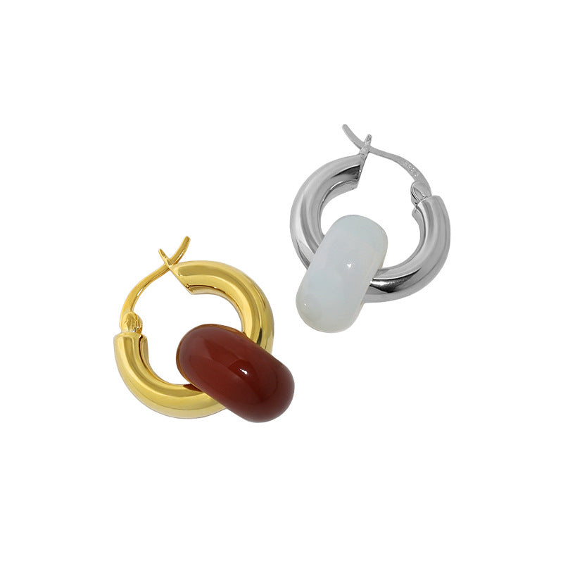 Natural Stone Circle Earrings in Sterling Silver