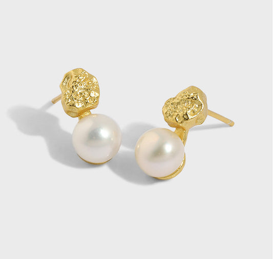 Hammered Pearl Earrings in Sterling Silver