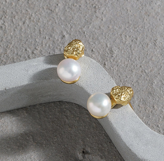 Hammered Pearl Earrings in Sterling Silver
