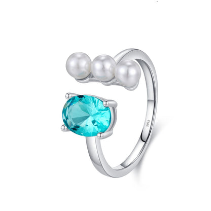 Sterling Silver Green & Pearl Open Ring