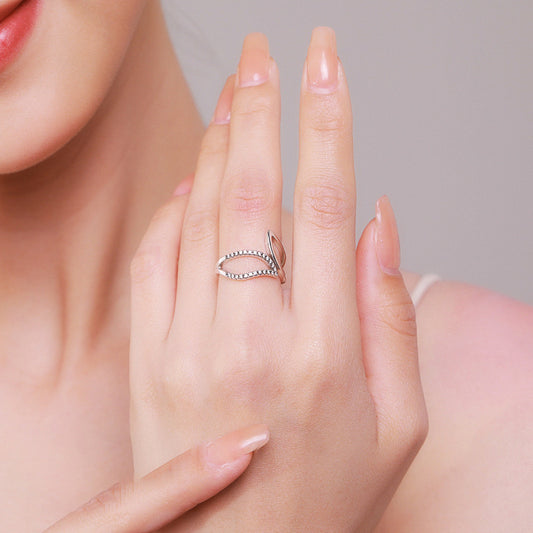 Hollow Leaf Ring in Sterling Silver with Cubic Zirconia