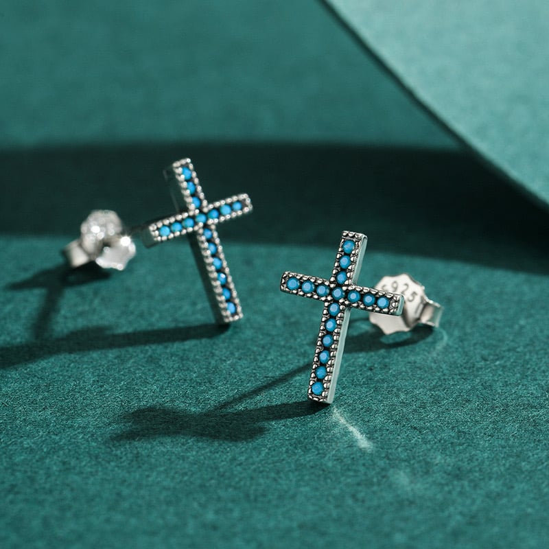 Sterling Silver Created Turquoise Cross Stud Earrings