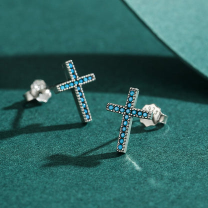 Sterling Silver Created Turquoise Cross Stud Earrings