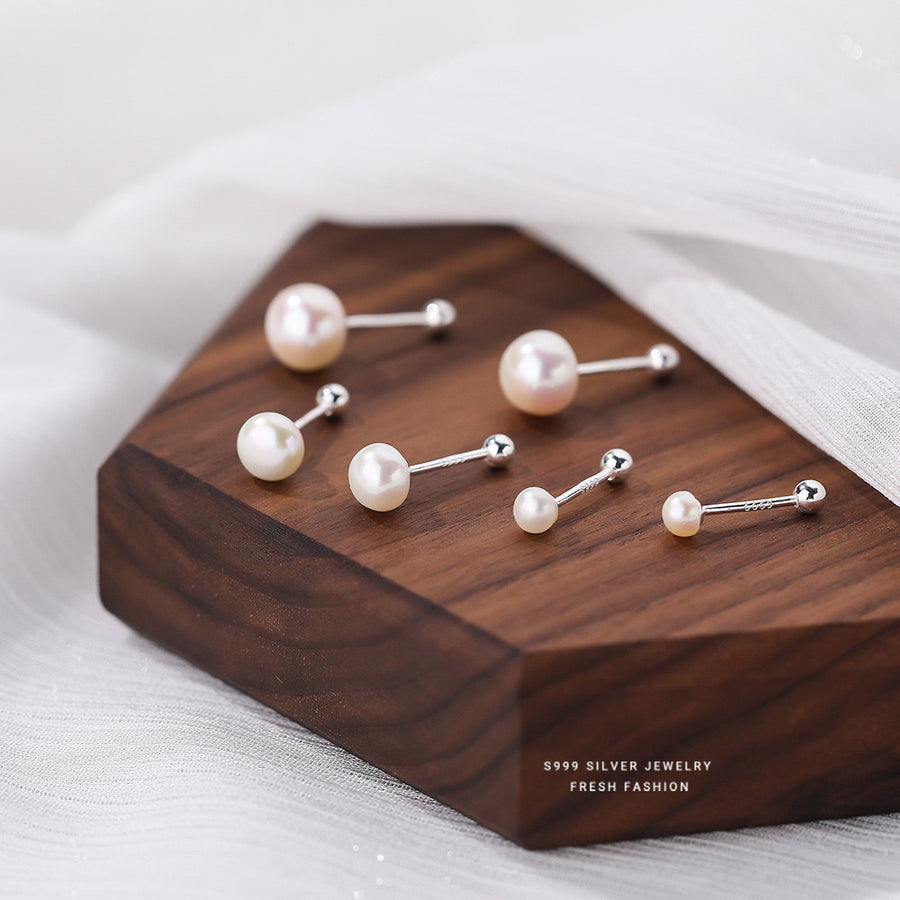 Sterling Silver Geometric Round Bead Pearl Stud Earrings