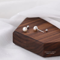 Sterling Silver Geometric Round Bead Pearl Stud Earrings