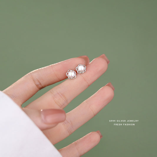 Sterling Silver Pearl Flower Stud Earrings