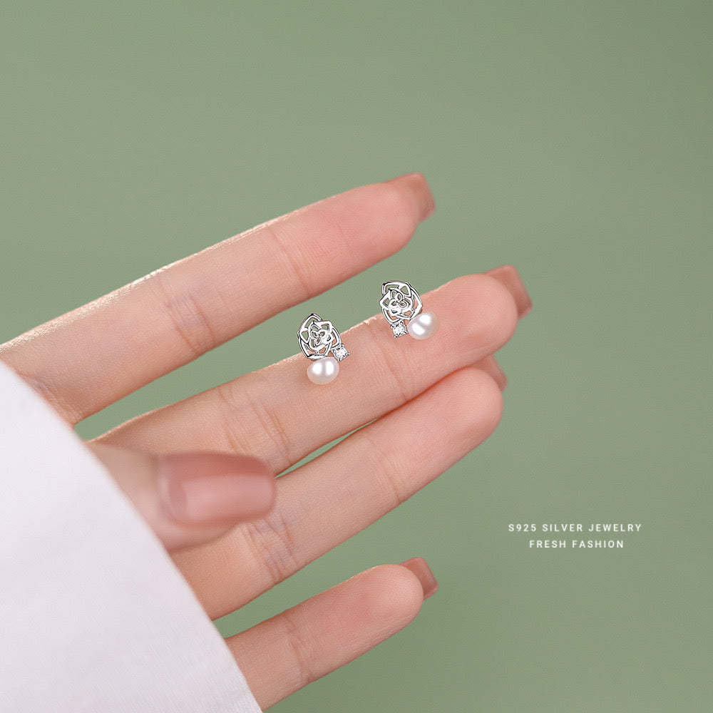 Hollow Flower Pearl Stud Earrings in Sterling Silver