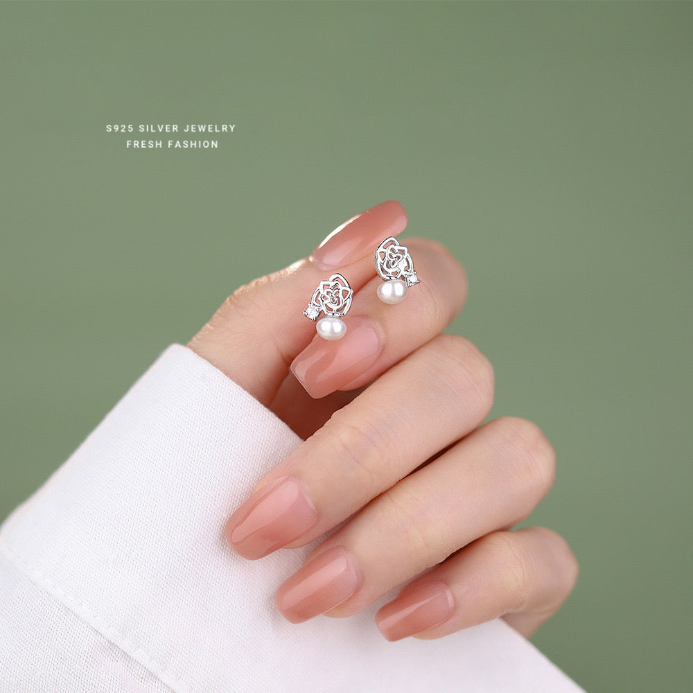 Hollow Flower Pearl Stud Earrings in Sterling Silver