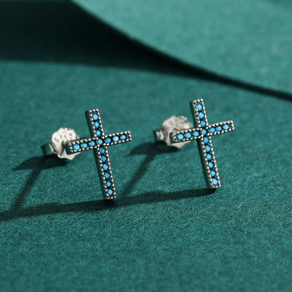 Sterling Silver Created Turquoise Cross Stud Earrings