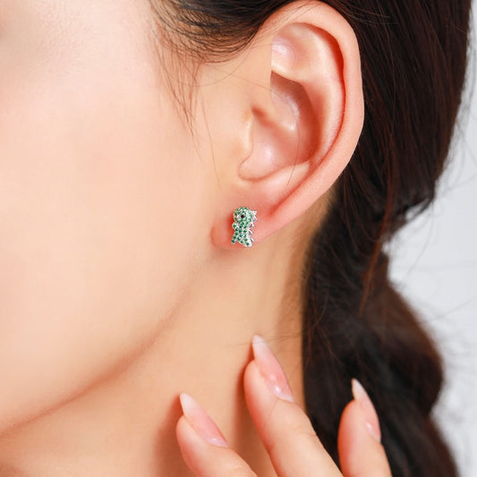 Sterling Silver Green Dinosaur Stud Earrings