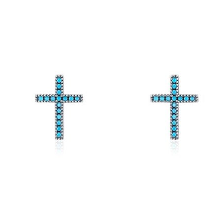 Sterling Silver Created Turquoise Cross Stud Earrings