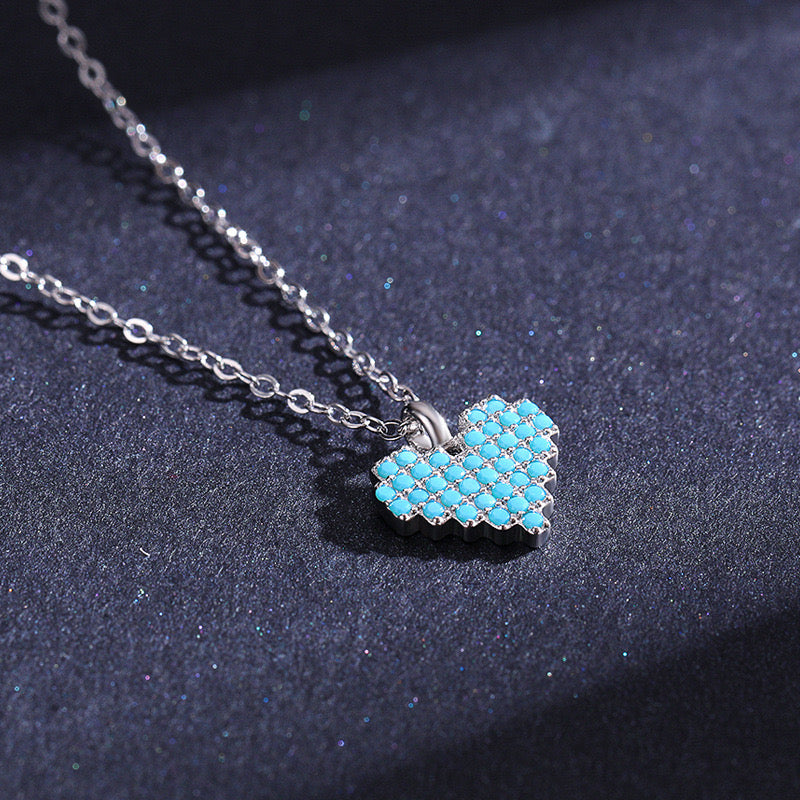 Sterling Silver Pixel Love Heart Pendant Necklace