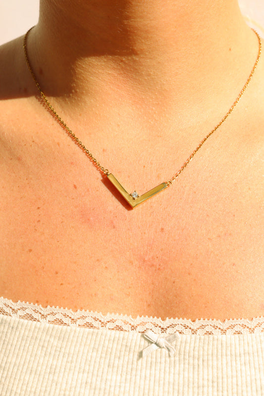 V-Shaped CZ Engravable Pendant Necklace, 18K PVD Stainless Steel