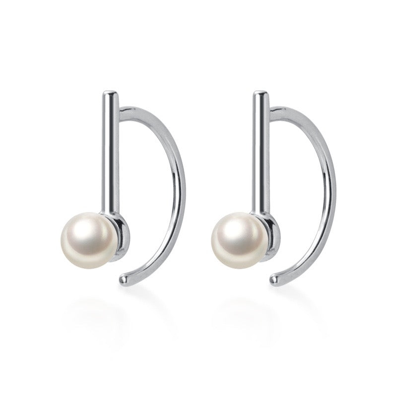 Sterling Silver Geometric Pearl Hoop Earrings