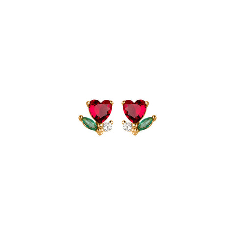 Gold Plated Silver Red Heart Flower Stud Earrings