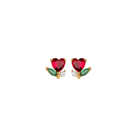 Gold Plated Silver Red Heart Flower Stud Earrings