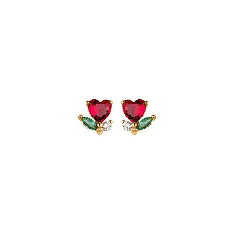 Gold Plated Silver Red Heart Flower Stud Earrings
