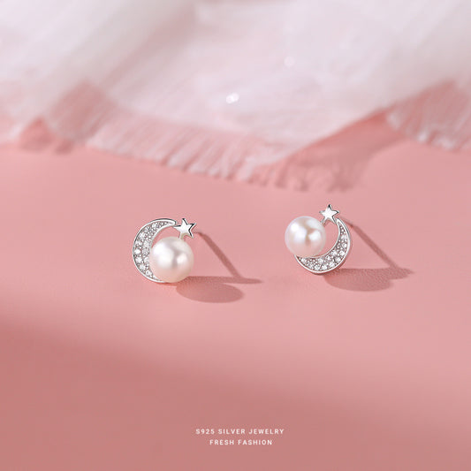 Sterling Silver Moon Star Freshwater Pearl Stud Earrings