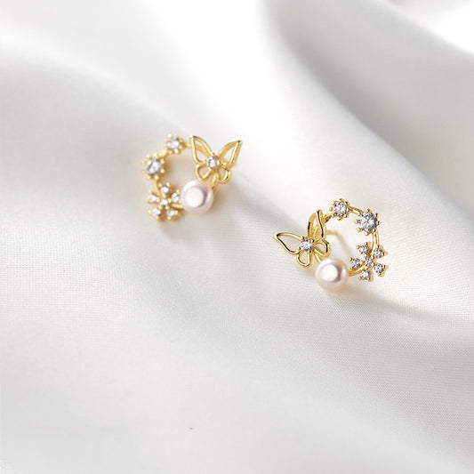Gold Plated Sterling Silver Freshwater Pearl Butterfly Earrings