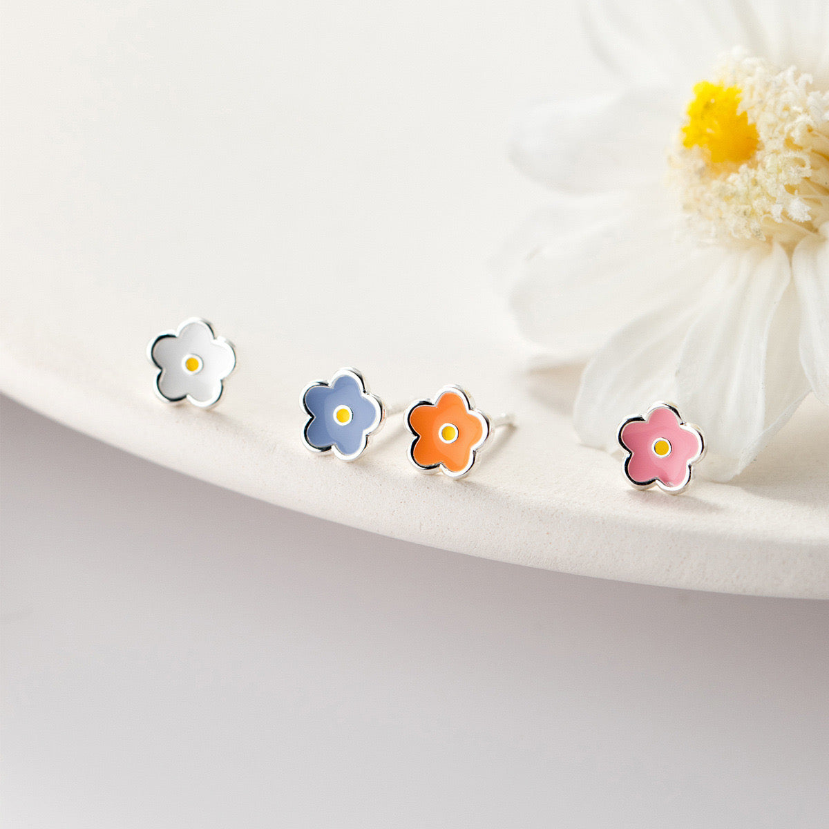 Sterling Silver Enamel Flower Stud Earrings