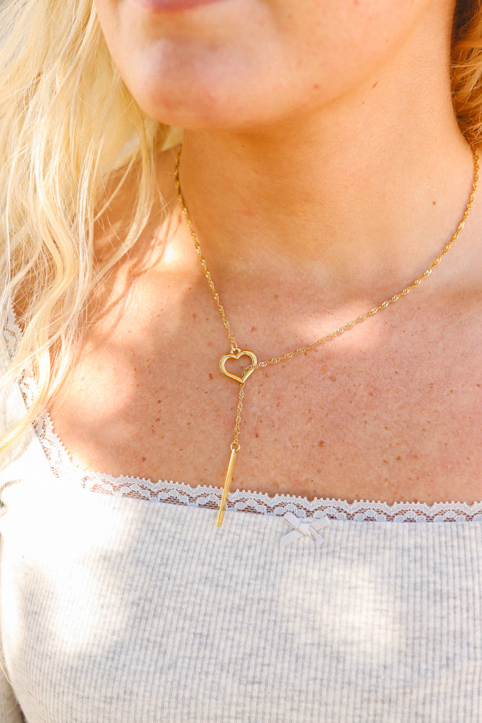 18K Gold Stainless Steel Heart Lariat Necklace