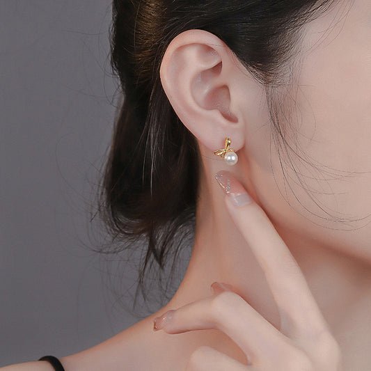 Shell Pearl Bowknot Stud Earrings in Sterling Silver