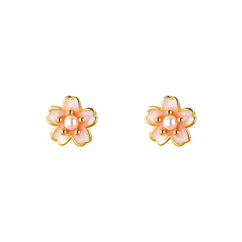 Sterling Silver Shell Pearl Enamel Pink Flower Earrings