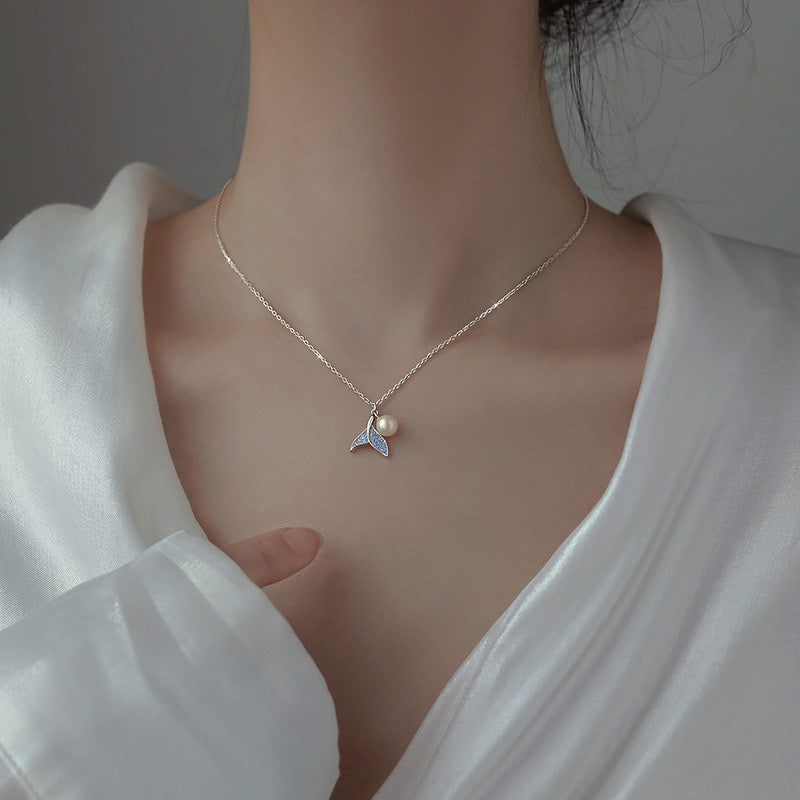 Sterling Silver Shell Pearl and Blue Mermaid Necklace