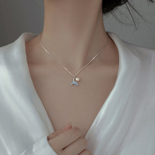 Sterling Silver Shell Pearl and Blue Mermaid Necklace