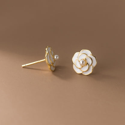 Sterling Silver Flower Earrings with Imitation Pearl