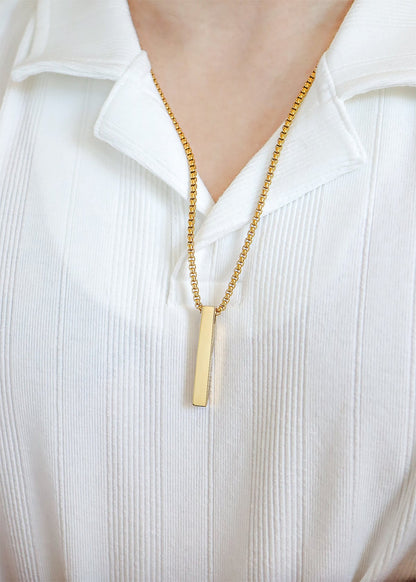 18K Gold PVD 4-Sided Vertical Bar Necklace with 24" Box Chain