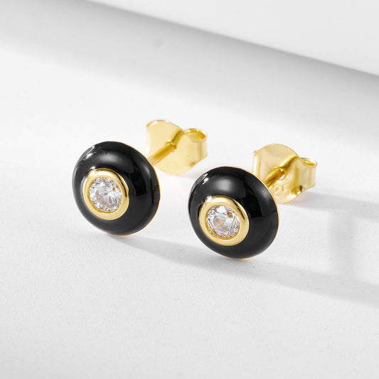 Gold Plated Sterling Silver Black Enamel Stud Earrings