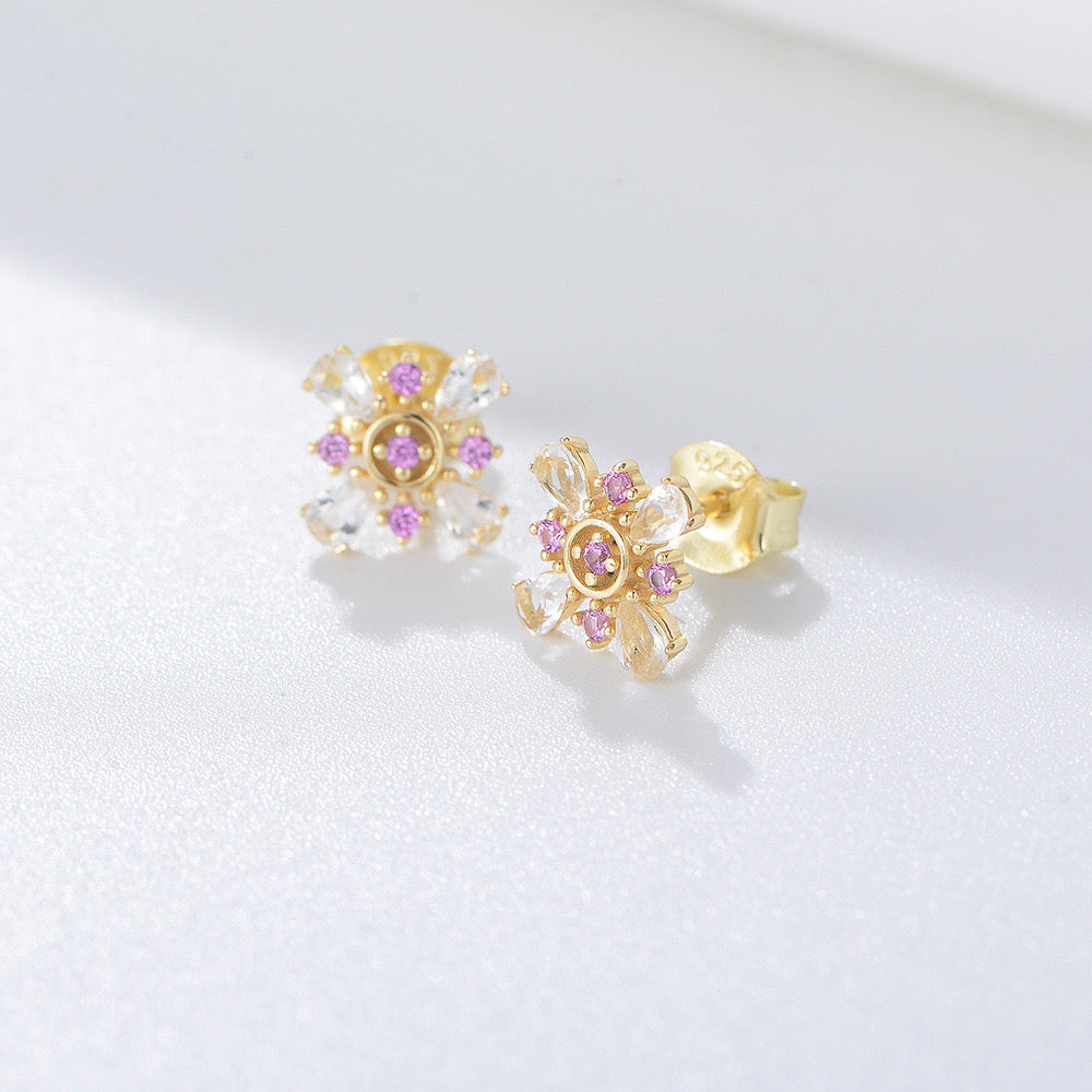 Silver Pink Flower Stud Earrings