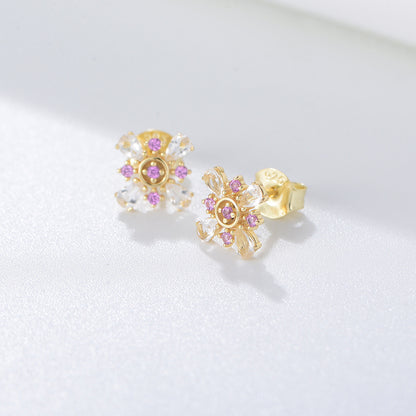 Silver Pink Flower Stud Earrings