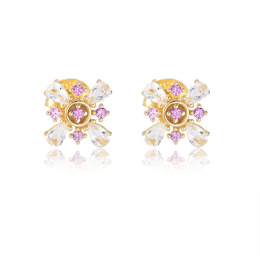 Silver Pink Flower Stud Earrings