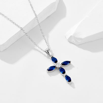 Sterling Silver Created Sapphire Cross Necklace