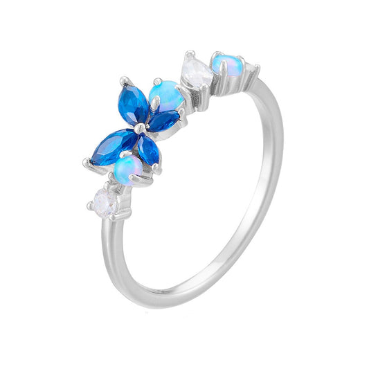 Sterling Silver Created Opal Sapphire Butterfly Flower Ring