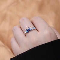Sterling Silver Created Opal Sapphire Butterfly Flower Ring