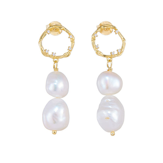 Sterling Silver Double Baroque Pearl Drop Earrings