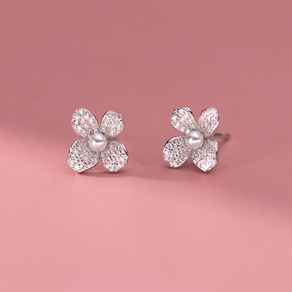 Sterling Silver Shell Pearl Flower Stud Earrings