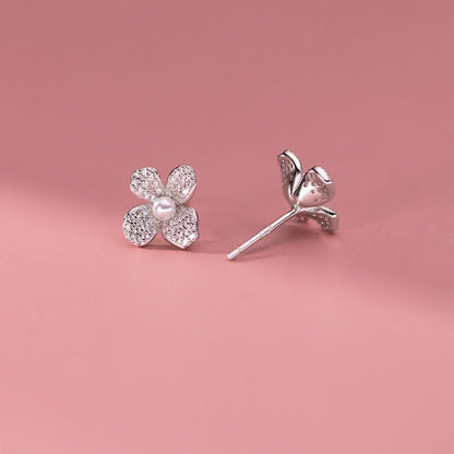 Sterling Silver Shell Pearl Flower Stud Earrings
