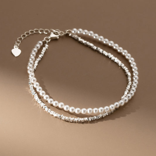 Sterling Silver Double Layered Shell Pearl Bracelet