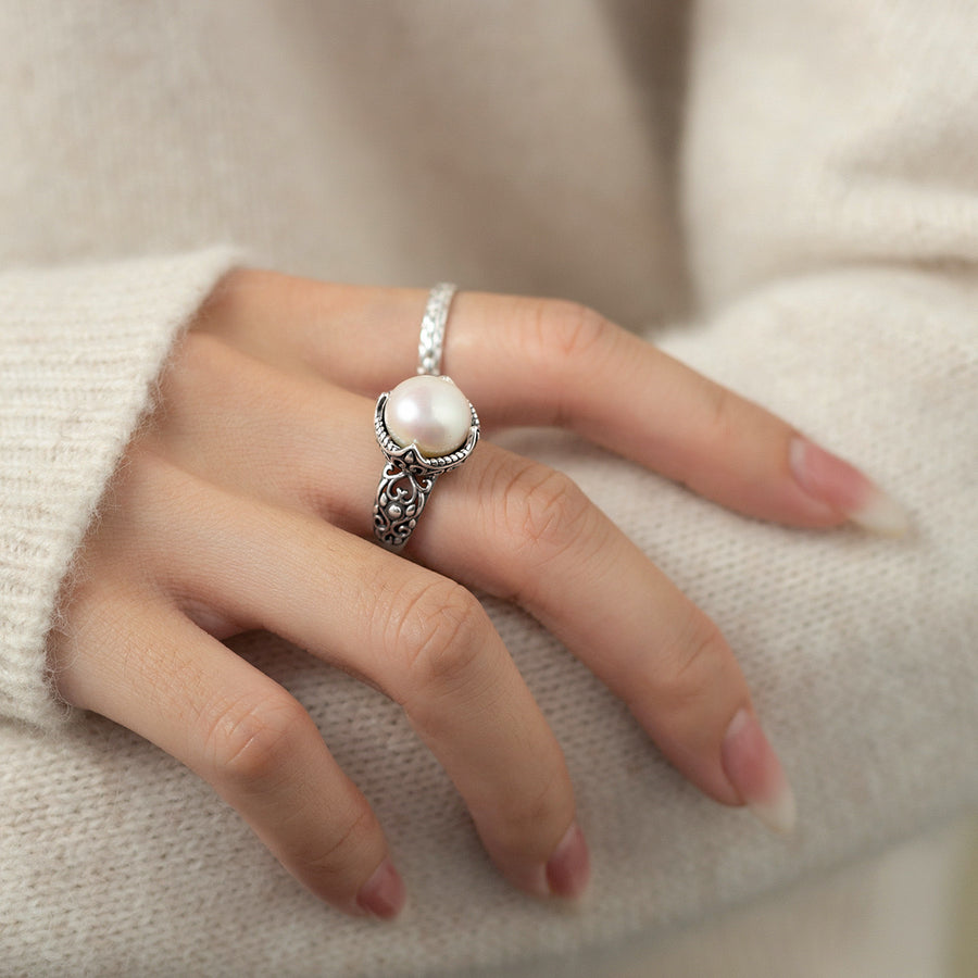 Oxidized Finish Sterling Silver Freshwater Pearl Ring